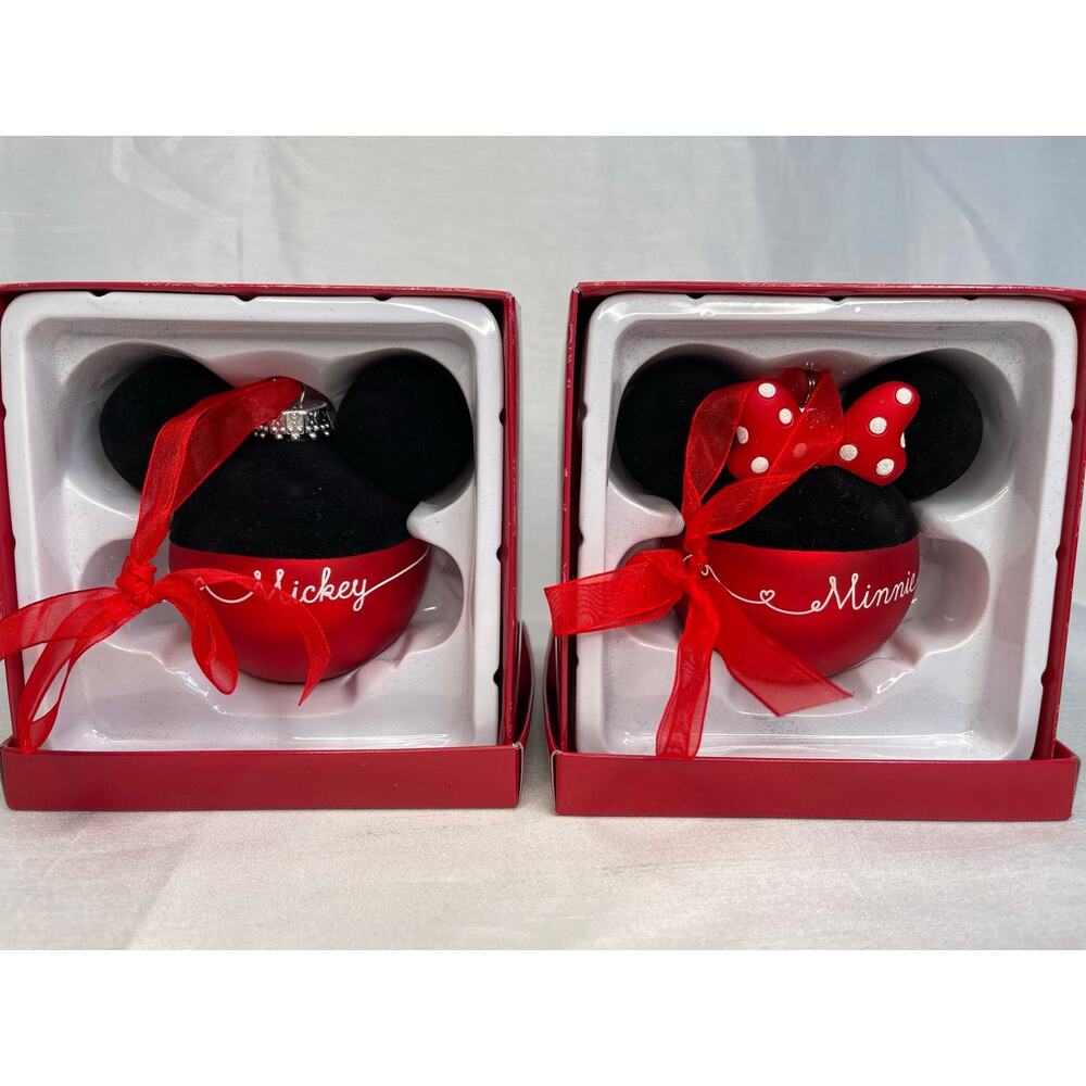 Hallmark Disney Blown Glass Christmas Holiday Mickey & Minnie Ornaments Set Of 2